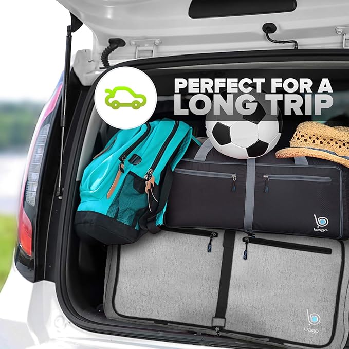 Bago Foldable Duffel Bags for Traveling Women & Men - 60L Medium Packable Duffle Bag for Travel with Shoe Compartment - Water Repellant, Heavy Duty, Lightweight Folding & Collapsible (Black)