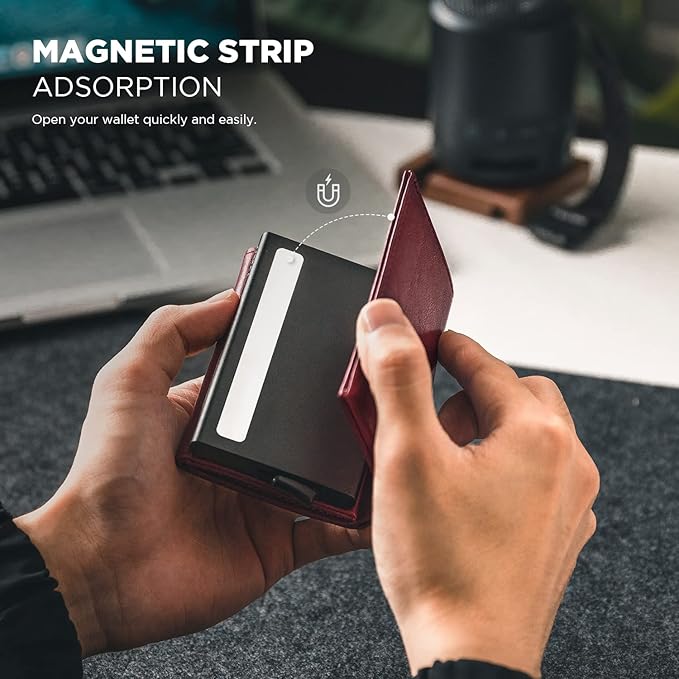 VULKIT Pop up Card Wallet Minimalist Cash Wallets RFID Blocking Leather Smart Credit Card Holder with ID window for Men (Wine)