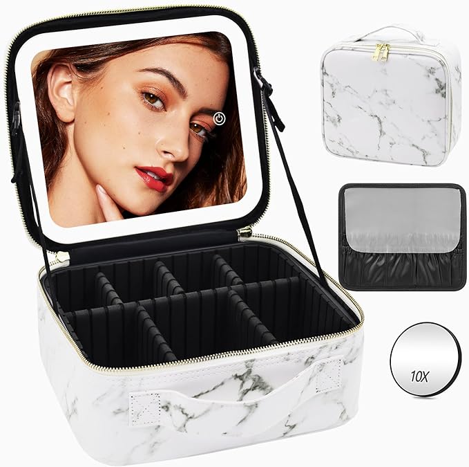 Travel Makeup Bag with Lighted Mirror Partitionable Makeup Train Case with 3 Color Modes Dimming Light up Mirror Make up Cosmetic Organizer Bag with 10X Magnifying Mirror, Toiletry Gift Accessories