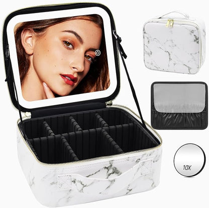 Travel Makeup Bag with Lighted Mirror Partitionable Makeup Train Case with 3 Color Modes Dimming Light up Mirror Make up Cosmetic Organizer Bag with 10X Magnifying Mirror, Toiletry Gift Accessories