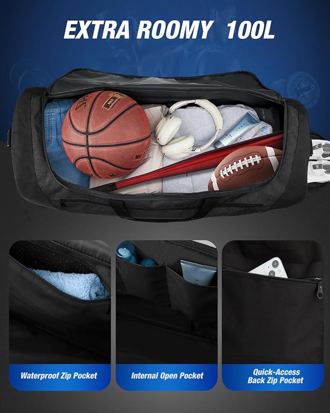 Gonex Gym Duffel Bag with Shoe Compartment Wet Pocket, Large Capacity Sports Duffle Bag for Men Women, Workout & Travel Bag with Multiple Pockets, Black, Large (100L)
