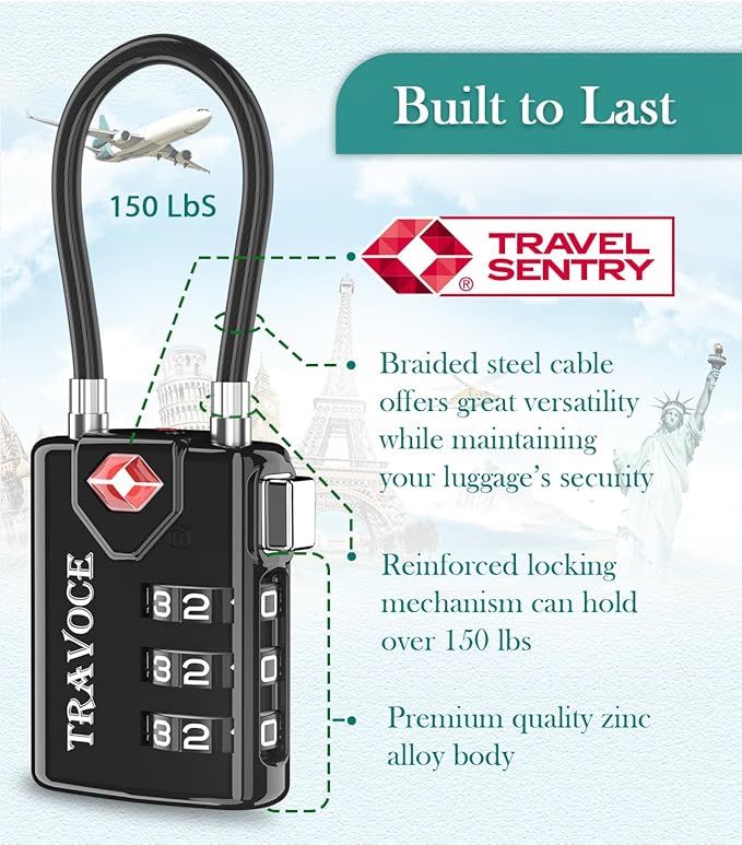 TSA Approved Luggage Locks, Travel Locks Which Also Work Great as Gym Locks, Toolbox Lock, Backpack and More,Black 2 Pack