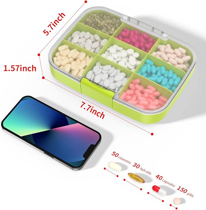 Restree Large Pill Organizer, Moisture Proof & Waterproof Travel Pill Case, Portable Medication Box with Adjustable Dividers for Vitamins Supplements Fish Oil and Daily Pills 9 Compartments (Green)