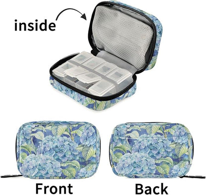 Fustylead Vibrant Watercolor Blue Hydrangea and Leaves Pill Organizer Travel Bag, Small Portable Pill Case Cute for Vitamin Fish Oil Supplements Medicine Organizer with Zipper