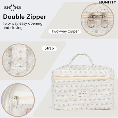 Makeup Bag,Quilted Cosmetic Bags,Large Floral Make Up Organize bag,Makeup Bag Set for Women,Flower Travel Toiletry Bag