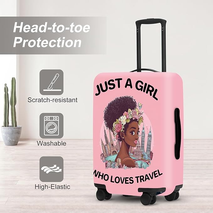 "Just a Girl Who Loves Travel" Luggage Cover, City Explorer Suitcase Protector, Waterproof Anti-Theft Design, Wanderlust Gifts for Women