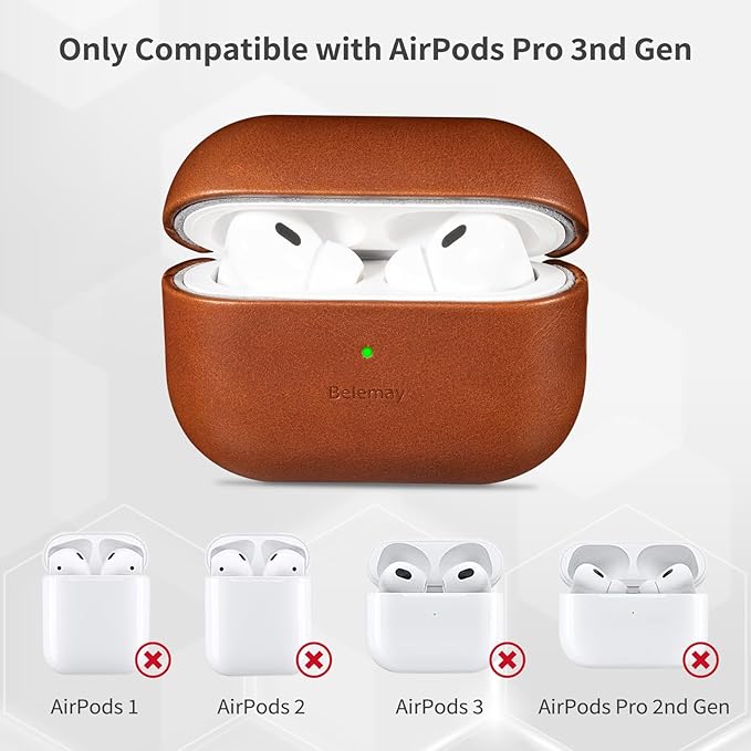 Belemay Handcrafted Full-Grain Vegetable-Tanned Leather Case for AirPods Pro 3rd Gen (2025), Two-Tone Effect, Natural Patina, Compatible with MagSafe, Compatible with Airpods Pro 3, Saddle Brown