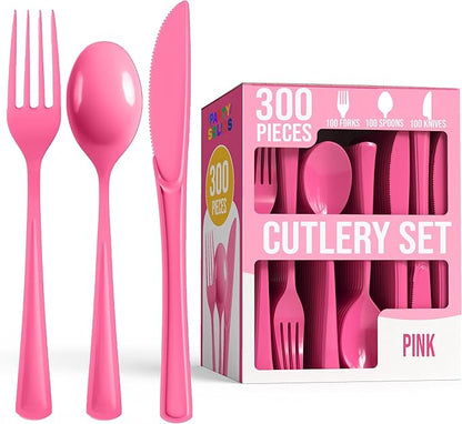 Cerise Plastic Silverware Heavy Duty 300 Pieces Cerise Disposable Silverware Heavy Duty, Utensil Sets, 100 Of Each Forks, Knives & Spoons Disposable Cutlery Set For Party Supplies