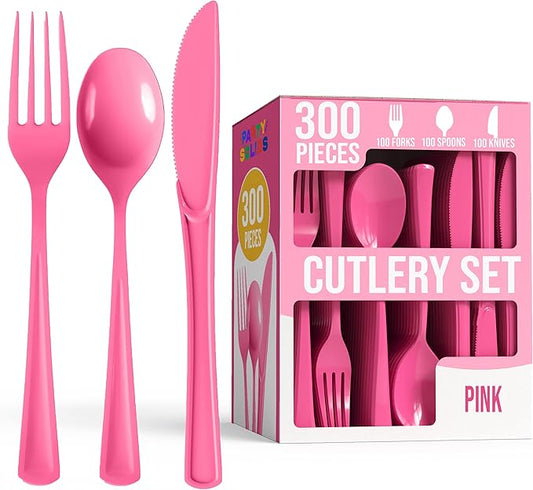 Cerise Plastic Silverware Heavy Duty 300 Pieces Cerise Disposable Silverware Heavy Duty, Utensil Sets, 100 Of Each Forks, Knives & Spoons Disposable Cutlery Set For Party Supplies