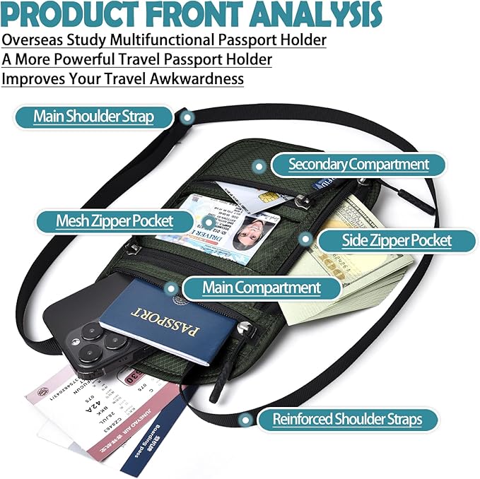 RFID Blocking Travel Neck Wallet–Hidden Passport Holder & Anti-Theft Money Pouch for Men & Women, Lightweight Concealed Travel Organizer with Adjustable Strap Secure Document