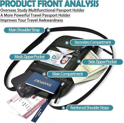 RFID Blocking Travel Neck Wallet–Hidden Passport Holder & Anti-Theft Money Pouch for Men & Women, Lightweight Concealed Travel Organizer with Adjustable Strap Secure Document