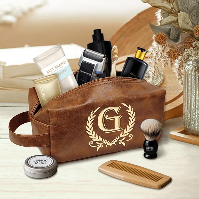 Engraved Letter Toiletry Bag Leather Waterproof Travel Kit, Personalized Gifts for Dad Husband Boyfriend (G)