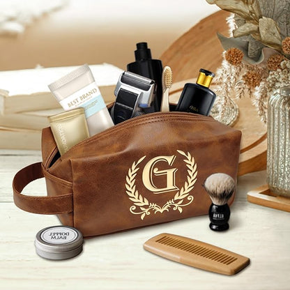 Engraved Letter Toiletry Bag Leather Waterproof Travel Kit, Personalized Gifts for Dad Husband Boyfriend - DarkBrown(G)
