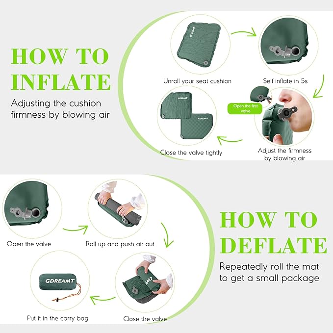 Inflatable Seat Cushion, Self-Inflating Memory Foam Stadium Seats Cushion Portable Camping Air-Foam Sitting Pad for Travel Airplane Car Bleachers Backpacking Office, Lightweight & Compact