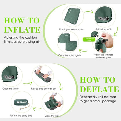Inflatable Seat Cushion, Self-Inflating Memory Foam Stadium Seats Cushion Portable Camping Air-Foam Sitting Pad for Travel Airplane Car Bleachers Backpacking Office, Lightweight & Compact