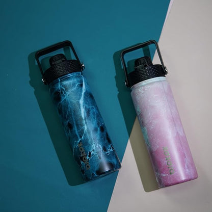 BJPKPK 2 Pack Insulated Water Bottles with Straw Lids, 22oz Stainless Steel Metal Water Bottle with 6 Lids, Leak Proof BPA Free Jugs, Cups, Flasks for Travel, Sports (Blossom+Ocean)