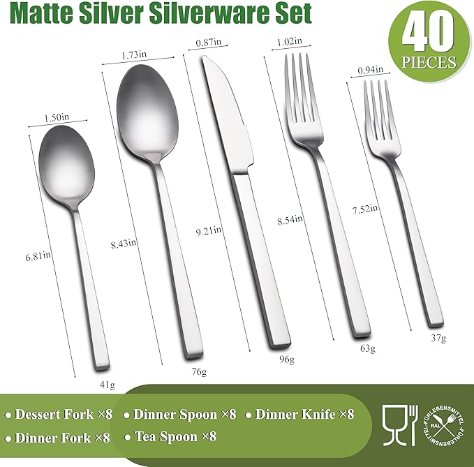 Forged Silverware Set for 8, 40-Piece Stainless Steel Matte Satin Finish Flatware Set Silverware Cutlery Set Tableware Modern Kitchen Utensils Set for Home Restaurant, Dishwasher Safe