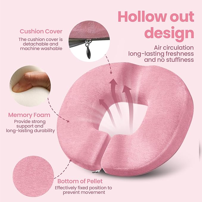 Benazcap Donut Pillow Seat Cushion, Donut Chair Cushions for Postpartum Pregnancy & Hemorrhoids, Memory Foam Seat Chair Cushion for Sciatica & Hip & Coccyx Pain Relief-Pink