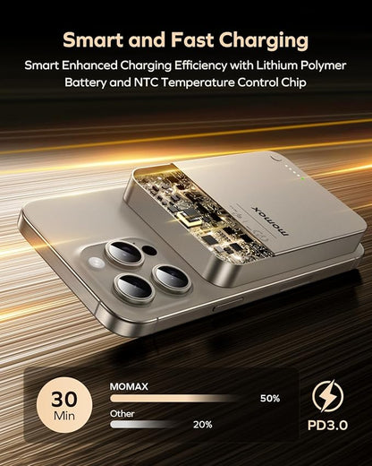 MOMAX Magnetic Power Bank 10000mAh, 20W Fast Charging, Wireless Portable Charger for iPhone 16/15/14/13/12 Series, Magsafe Compatible, USB-C Cable Included
