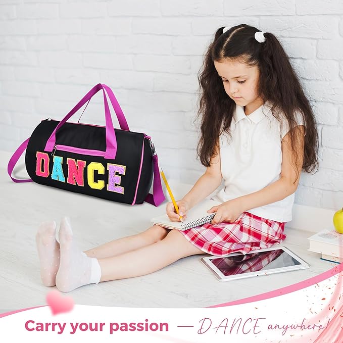 Dance Bag for Girls, KUIRAN 23L Waterproof Travel Duffel Bag with Colorful Chenille Letter, Lightweight Small Gym Sport Ballet Bag Weekender Bag with Large Main Compartment 15"Lx9"Wx9"H - Black