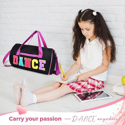 Dance Bag for Girls, KUIRAN 23L Waterproof Travel Duffel Bag with Colorful Chenille Letter, Lightweight Small Gym Sport Ballet Bag Weekender Bag with Large Main Compartment 15"Lx9"Wx9"H - Black