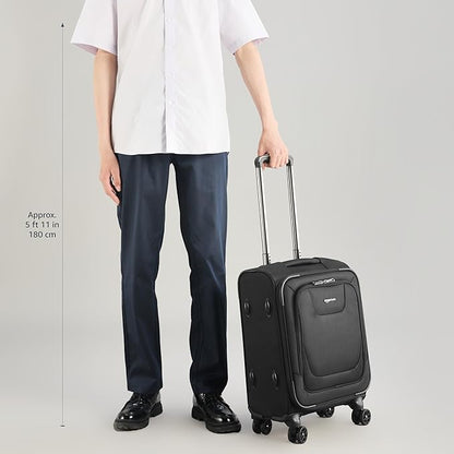 Amazon Basics 17" Carry On Luggage, Softside Suitcase With TSA Lock, 8 Spinner Wheels, Front Exterior Pocket, 3 Interior Pockets For Dry and Damp Clothes/Towels Separately, Black