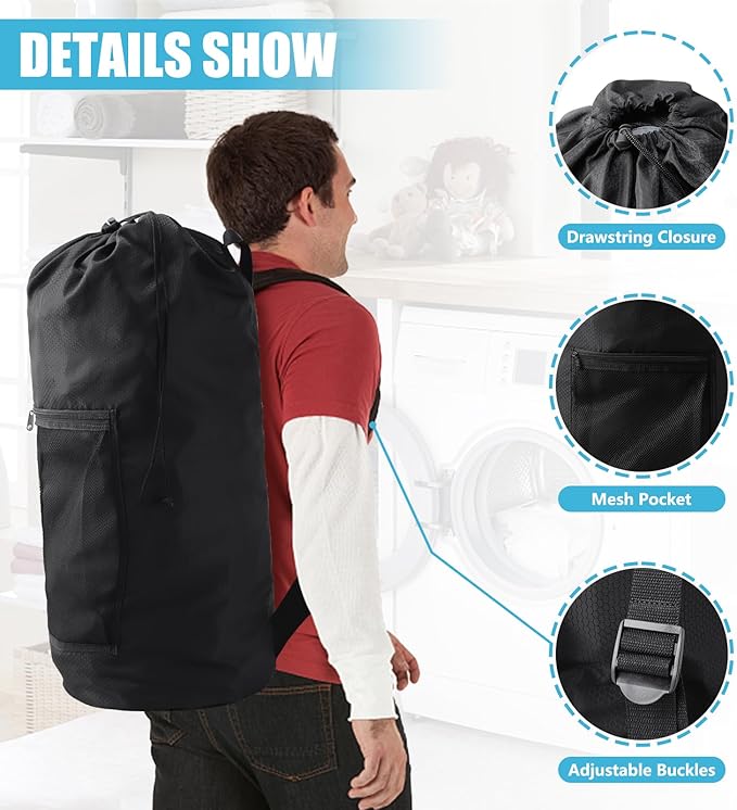 Laundry Bag Backpack,Olosar 2PCS Extra Large Travel Laundry Bag with Mesh Pocket & Adjustable Shoulder Straps,Dirty Clothes Travel Bag for College Students Dorm,Apartment(Black)