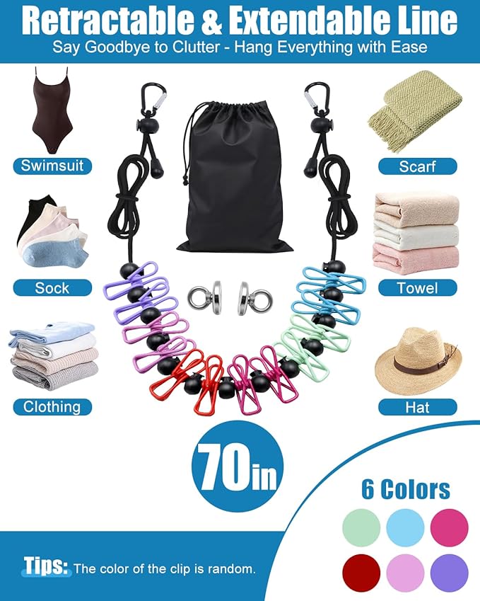 Magnetic Retractable Clothesline for Cruise Ship–12 Anti-Slip Clips & Waterproof Storage Bag, Portable Travel Laundry Line, Cruise Essentials for Cabin, Camping, RV