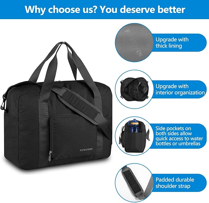 For Allegaint Airlines Personal Item Bag 17.7x12.6x6.3 Foldable Travel Duffel Bag Underseat Carry-on Luggage for Women and men 25L(Black)