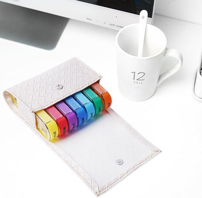 Pill Organizer,LIZIMANDU Weekly Travel Pill Case Box Medication Reminder Daily AM PM, Day Night 7 Compartments,for 4 Times A Day, 7 Days a Week-Includes Leather PU Carrying Case(1-Weave White)