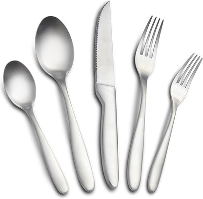20 Pieces Silverware Set, Stainless Steel Flatware Set for 4, Matte Satin Polished Cutlery Set Include Forks Spoons and Knives, Dishwasher Safe Utensils Set for Home Restaurant