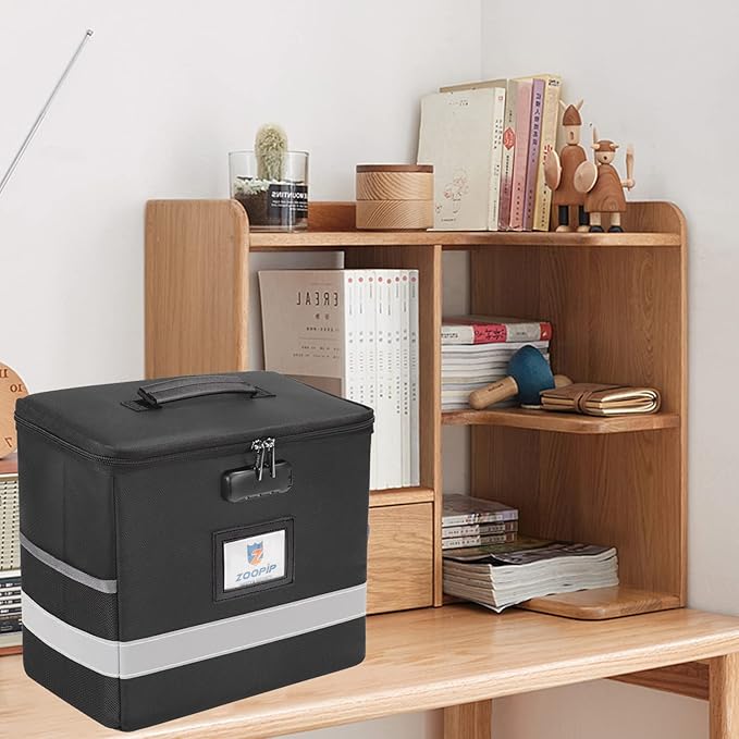 Fireproof File Box with Lock, Document Box Storage Organizer, Suitable for Hanging File Folders in Letter Size, Collapsible File Box, Reflective Strip for Fast Find (12.2"*6"*10.2 (Black, 2Pcs)