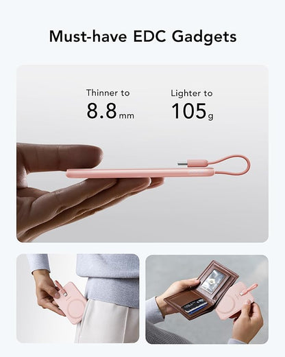 VEEKTOMX Slim Portable Charger, 5000mAh Lightweight Power Bank with Wired USB C Cable, Ultra Thin Battery Pack Compatible with iPhone 15/Plus/Pro/Pro Max/Samsung/Android(Non-Wireless Charging), Pink