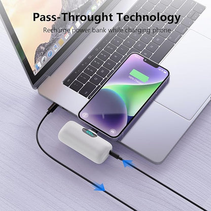 Mini Portable Charger for iPhone,Upgraded 5000mAh PD Fast Charging Battery Pack,LCD Display Cute Power Bank Portable Phone Charger for iPhone 14/14 Pro Max/13/13 Pro/12 Pro/11/XS/XR/X/8/7/6-White