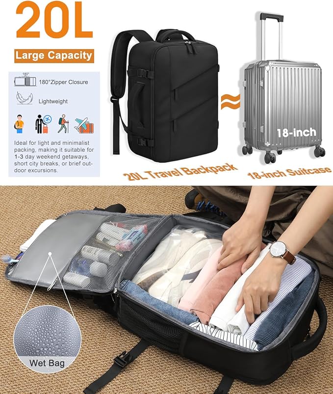 Capolo Travel Backpack for Women Men Waterproof Laptop Backpack Flight Approved Personal Item Backpack Overnight Weekender Bag College Bookbag for Business, Work, Traveling Fits 15.6 '' Laptop,Black