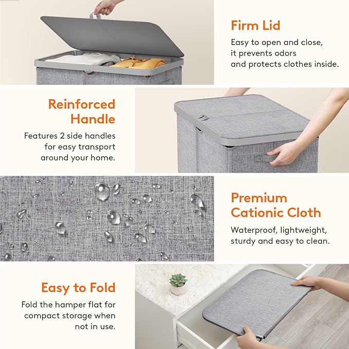 Lifewit 145L Laundry Basket with Lid, Large Laundry Hamper with Plastic Handles and Removable Bag, Foldable Tall Dirty Clothes Hampers for Laundry for Laundry Room, Bedroom, Bathroom, Dorm, Light Gray