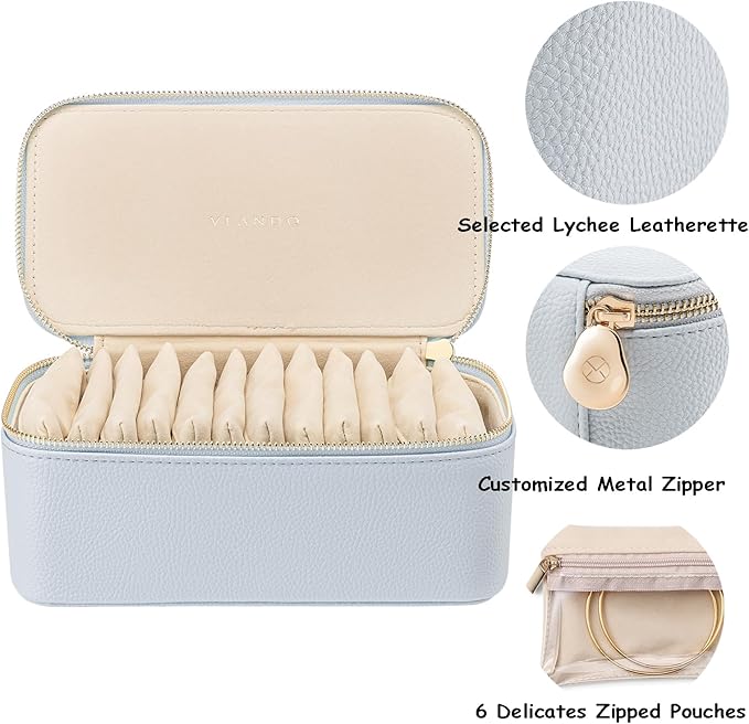 Vlando Travel Jewelry Box Organizer - 12 Small Velvet Zipped Pouches Pockets for Jewelries Necklaces Rings Earrings Sorting Storage, Baby Blue