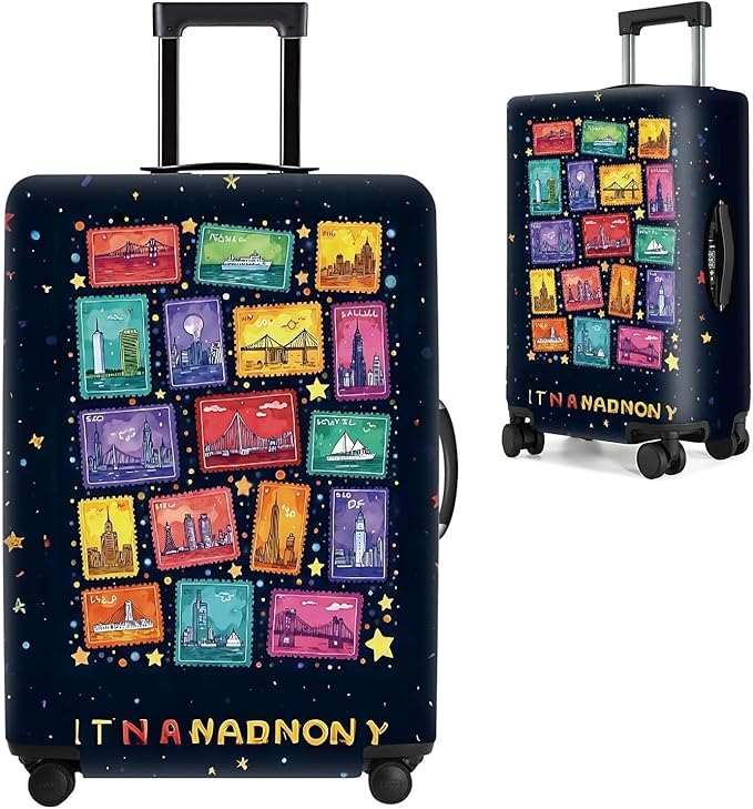 Colorful City Landmarks Luggage Cover – Fun and Vibrant Travel Suitcase Protector, Fits Wheeled Luggage for Stylish Travel,Fits 24''–26'' Suitcases (Size M)