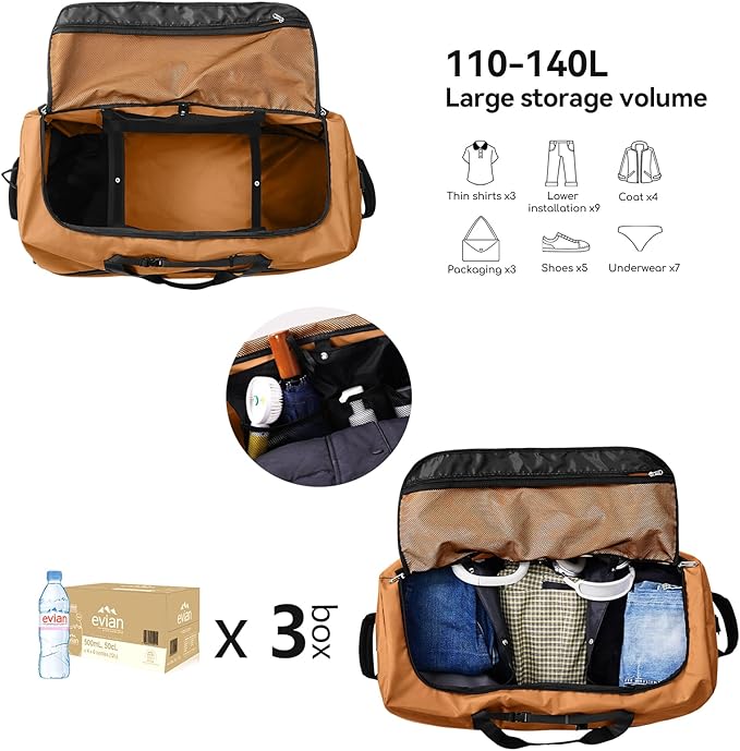32” 1680D Oxford Foldable Duffle Bag with 2 Wheels,110L to 140L Expandable Soft Sided Rolling Travel Bag,Brown