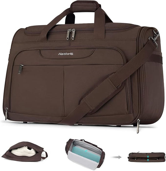 Hanke Carry On luggage Bags for Travel, Large Foldable Duffle Bag for Travel, Softside Lightweight Travel Bag Carry On Bags for Airplanes Women, Travel Tote Bags for Women Men.（Coffee）