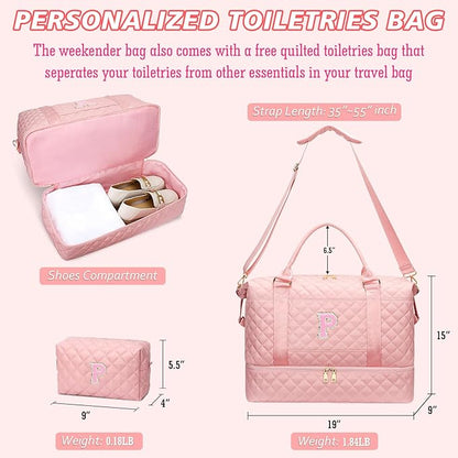 Gifts for Women Teen Girls Birthday Christmas Initial Travel Duffle Bag Quilted Weekender Bags Carry-On Overnight with Cosmetic Bag, Gym Bag with Shoe Compartment, Pink-P