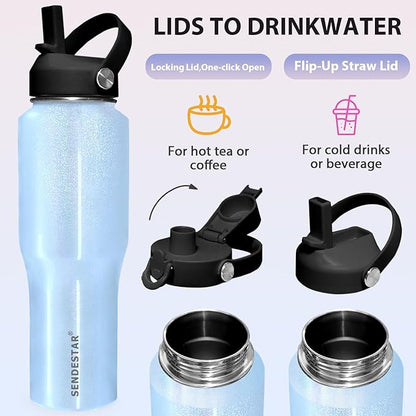 SENDESTAR 32oz Stainless Steel Water Bottle(Cold for 48 Hrs, Hot for 24 Hrs),Double Wall Vacuum Insulated Bottle with Straw Lid, Spout Lid and Flex Cap, Fit in Any Car Cup Holder,Laser Blue