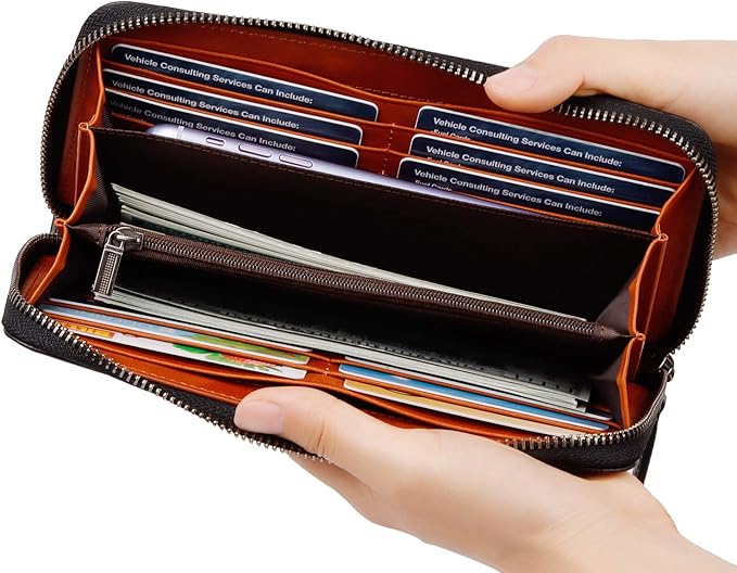 VISOUL Leather Long Zippered Pouch Wallet for Men with RFID Blocking Two-tone, Large Carbon Fiber Leather Clutch Cash Long Wallet with Zipper (Black+Orange)