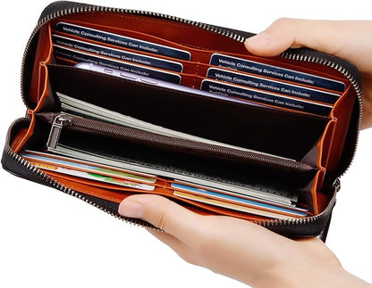 VISOUL Leather Long Zippered Pouch Wallet for Men with RFID Blocking Two-tone, Large Carbon Fiber Leather Clutch Cash Long Wallet with Zipper (Black+Orange)