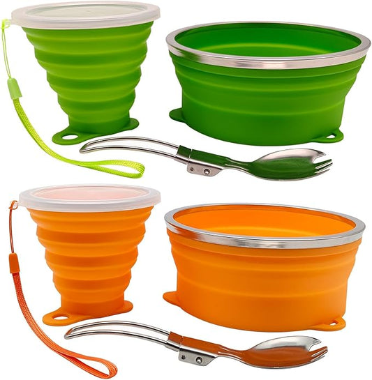 Mess Kit for Camping Silicone Collapsible Bowl Collapsible Cup and Stainless Steel Spoon for Backpacking Outdoor Hiking Traveling and Picnic - 2 Pack