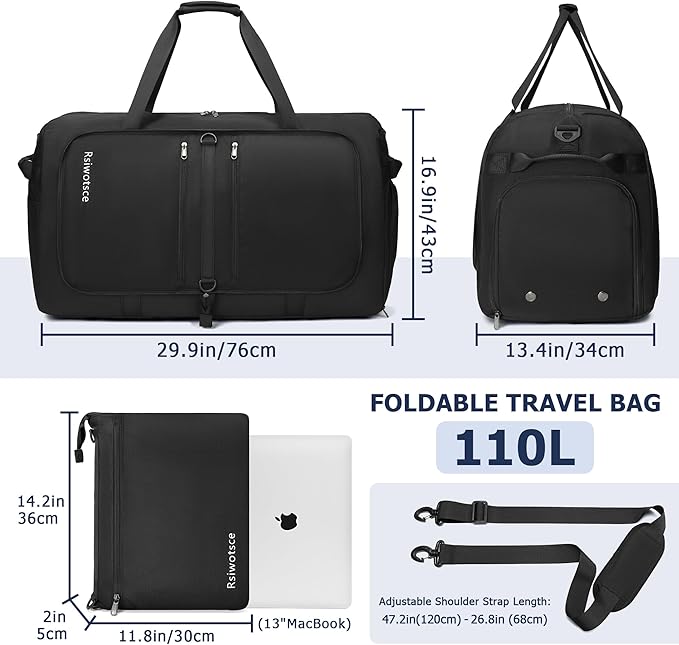 Large Foldable Duffle Bag for Travel, Lightweight Packable Duffel Bag for Traveling, Waterproof Weekender Bag for Women & Men with Shoe Compartment - 110L, 30" x 13.5" x 17"