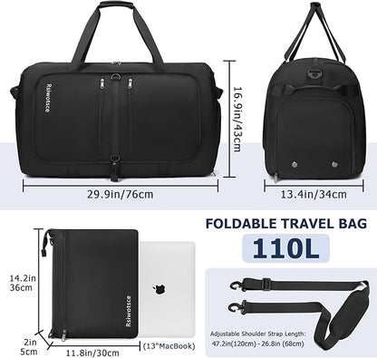 Large Foldable Duffle Bag for Travel, Lightweight Packable Duffel Bag for Traveling, Waterproof Weekender Bag for Women & Men with Shoe Compartment - 110L, 30" x 13.5" x 17"