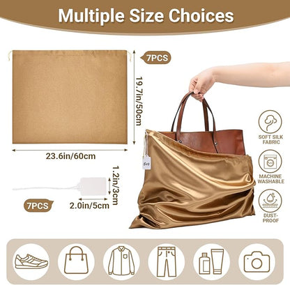 Ewen 7 Pack 23.6x19.6in Satin Drawstring Pouch with Blank Tags, Large Dust Bags for Handbags, Travel Essential Packing Bag, Dustproof Clothes Organizer for Closet Home Storage Accessories Organization