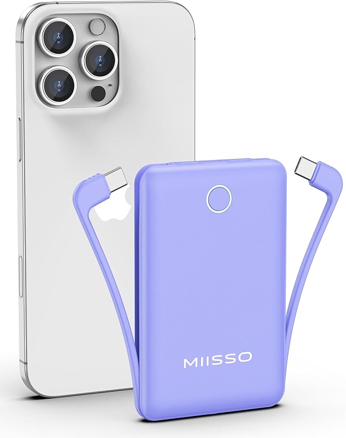miisso 10000mAh Compatible with iPhone 15/16/17 and Android, Slim Portable Charger with Built in Cable, Power Bank Travel Charger External Battery Pack for Phone, 3 Output USB Type C Cord, Purple