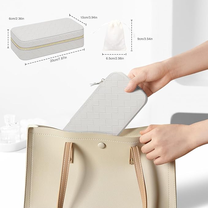 DesignSter Jewelry Organizer, Small Portable Travel Jewelry Storage for Women, Woven Embossed PU Jewelry Case with Mirror for Ring Earring Necklace Bracelet
